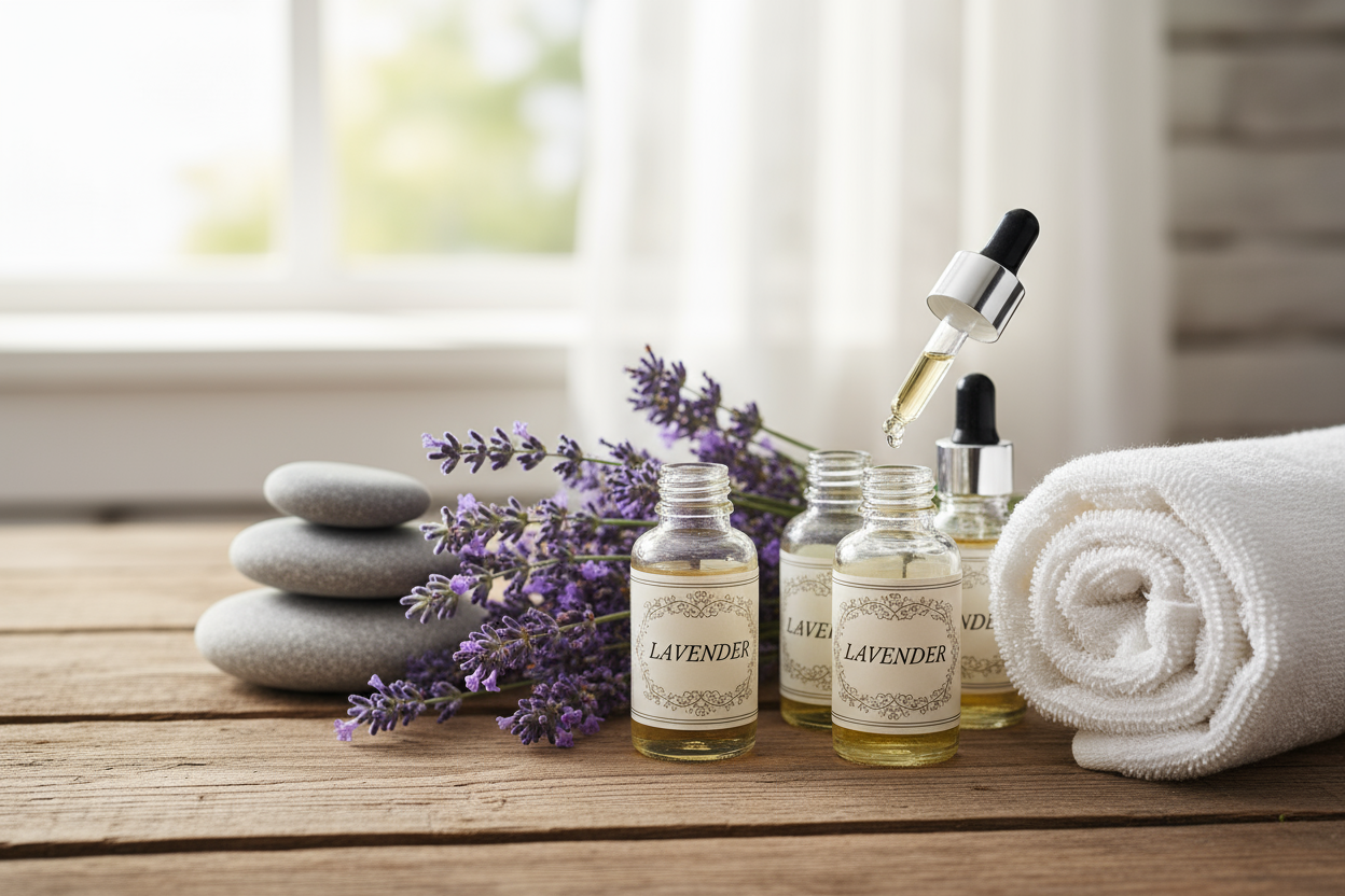aromatherapy showing relaxation photos with lavender or similar